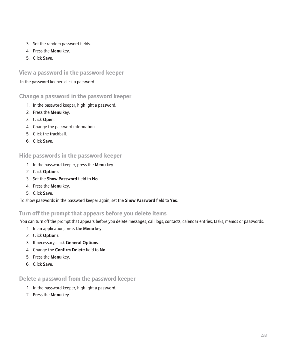 View a password in the password keeper, Change a password in the password keeper, Hide passwords in the password keeper | Delete a password from the password keeper | Blackberry Pearl 8110 User Manual | Page 235 / 287