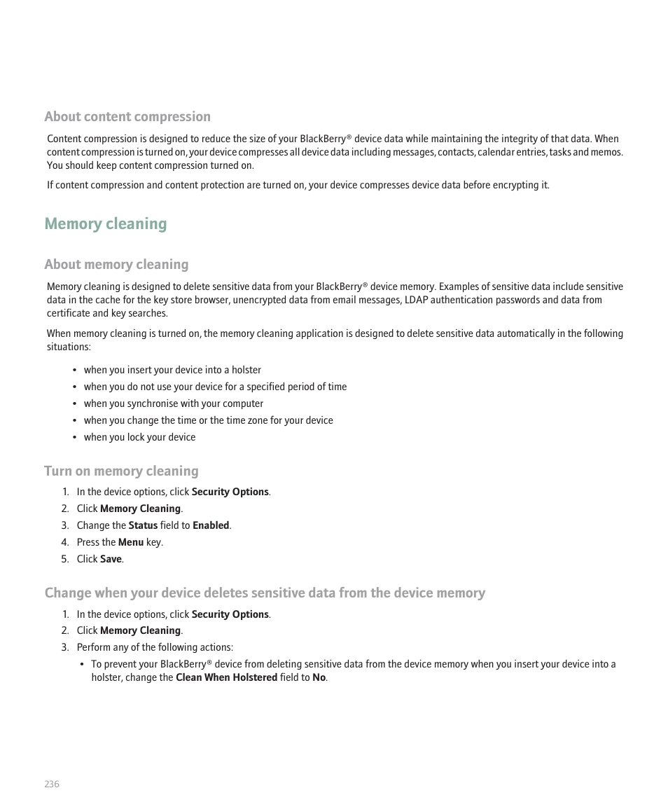 Memory cleaning, About content compression | Blackberry Pearl 8110 User Manual | Page 238 / 287