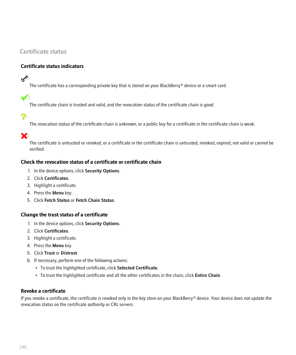 Certificate status | Blackberry Pearl 8110 User Manual | Page 242 / 287