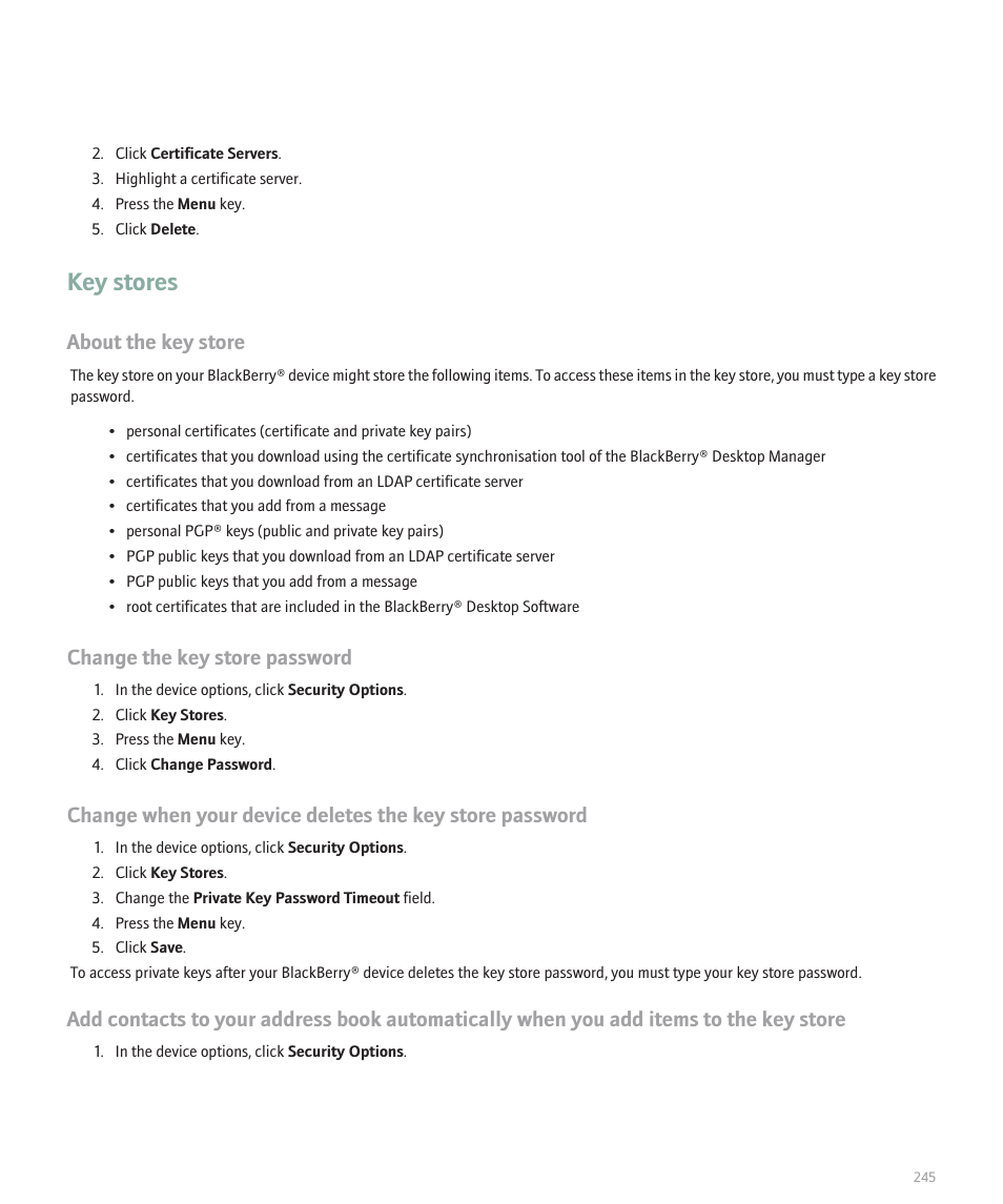 Key stores, About the key store, Change the key store password | Blackberry Pearl 8110 User Manual | Page 247 / 287