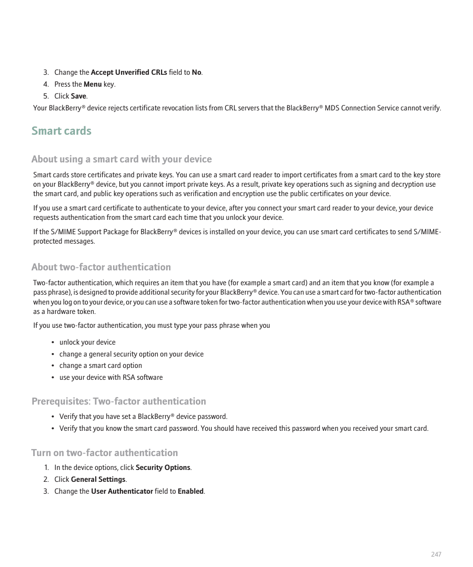 Smart cards, About using a smart card with your device, About two-factor authentication | Prerequisites: two-factor authentication, Turn on two-factor authentication | Blackberry Pearl 8110 User Manual | Page 249 / 287