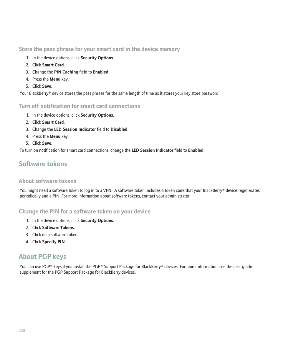 Software tokens, About pgp keys, Turn off notification for smart card connections | About software tokens, Change the pin for a software token on your device | Blackberry Pearl 8110 User Manual | Page 252 / 287