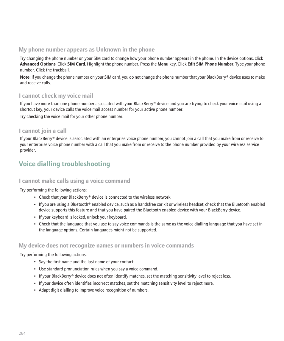 Voice dialling troubleshooting, My phone number appears as unknown in the phone, I cannot check my voice mail | I cannot join a call, I cannot make calls using a voice command | Blackberry Pearl 8110 User Manual | Page 266 / 287