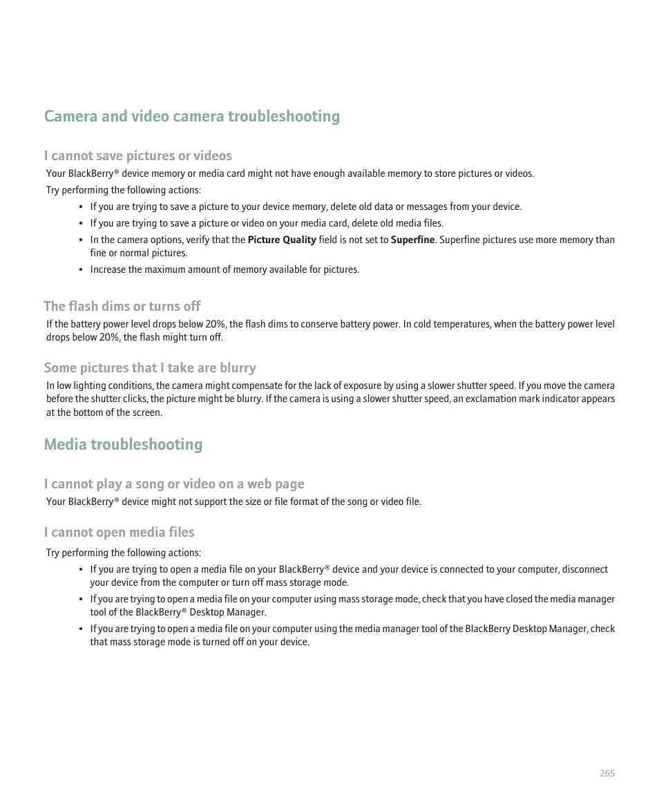 Camera and video camera troubleshooting, Media troubleshooting, I cannot save pictures or videos | The flash dims or turns off, Some pictures that i take are blurry, I cannot play a song or video on a web page, I cannot open media files | Blackberry Pearl 8110 User Manual | Page 267 / 287