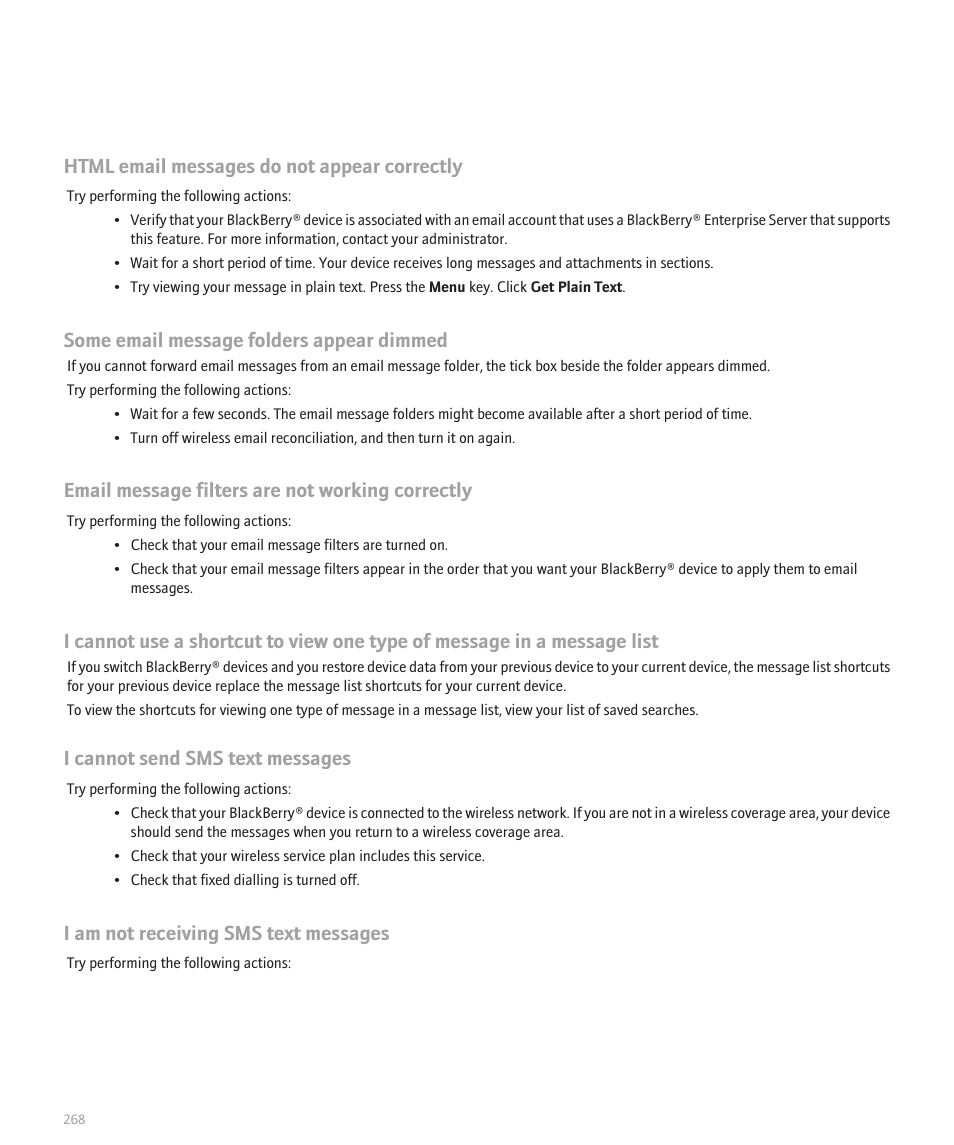 Html email messages do not appear correctly, Some email message folders appear dimmed, Email message filters are not working correctly | I cannot send sms text messages, I am not receiving sms text messages | Blackberry Pearl 8110 User Manual | Page 270 / 287
