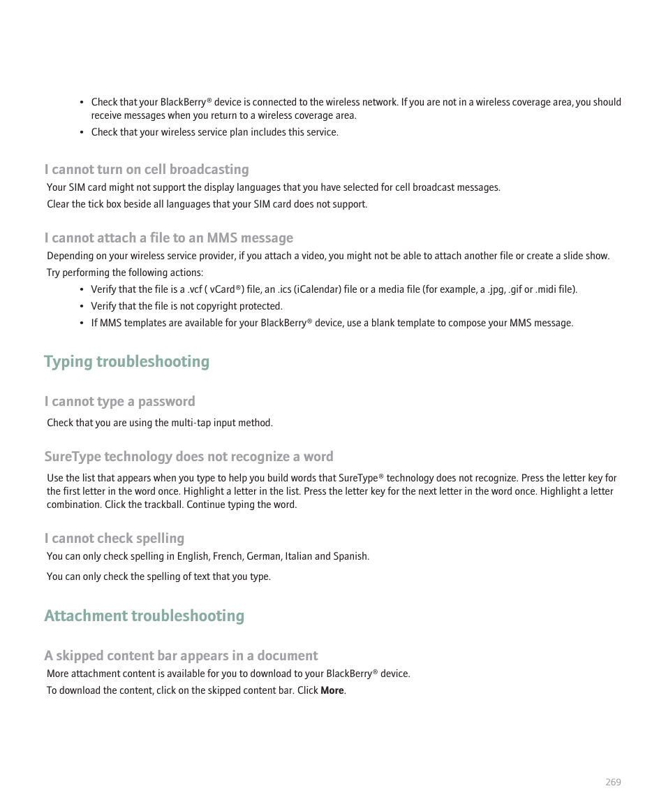 Typing troubleshooting, Attachment troubleshooting | Blackberry Pearl 8110 User Manual | Page 271 / 287