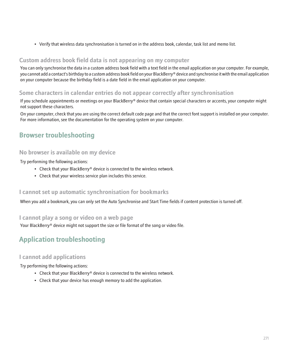 Browser troubleshooting, Application troubleshooting | Blackberry Pearl 8110 User Manual | Page 273 / 287