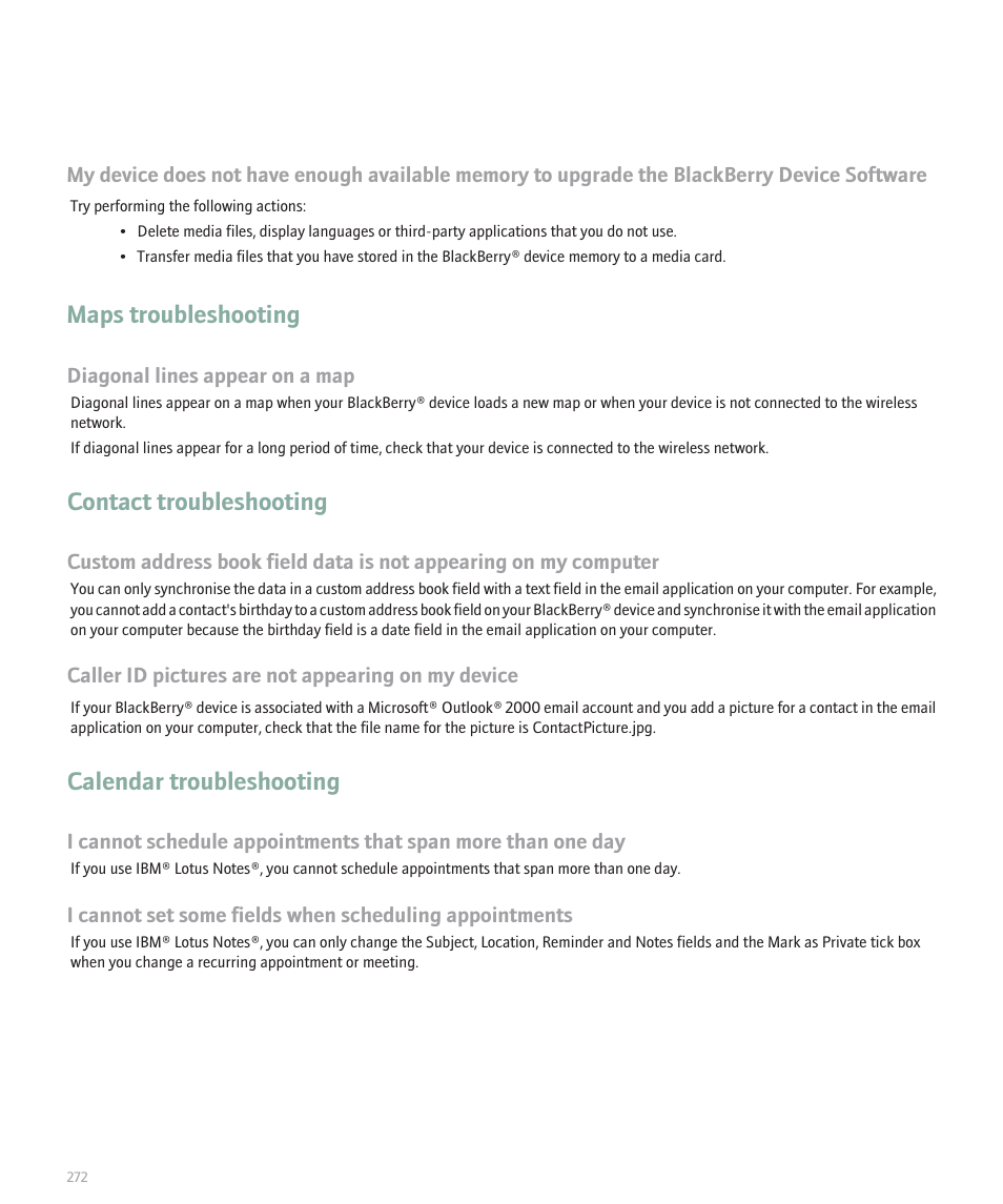 Maps troubleshooting, Contact troubleshooting, Calendar troubleshooting | Blackberry Pearl 8110 User Manual | Page 274 / 287