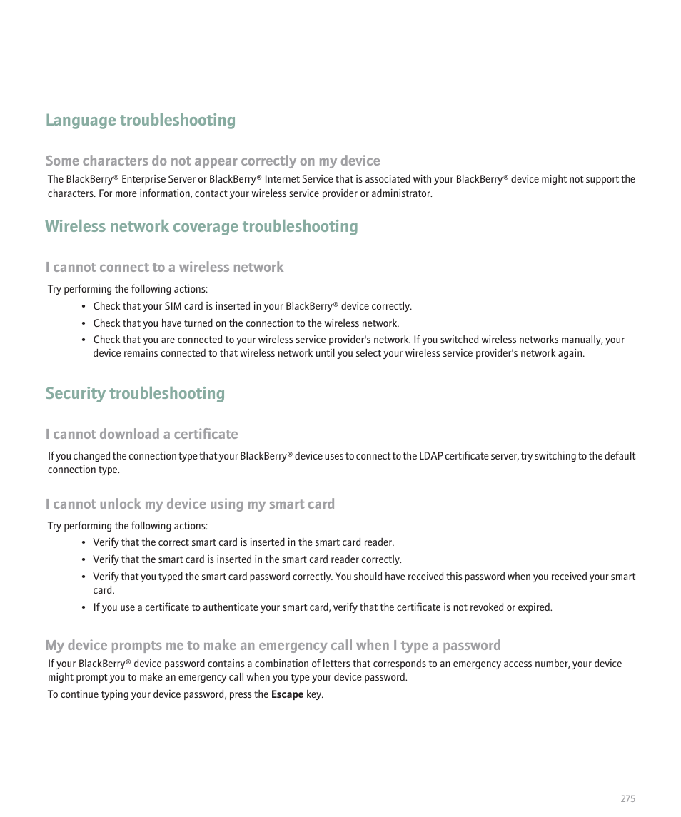 Language troubleshooting, Wireless network coverage troubleshooting, Security troubleshooting | Blackberry Pearl 8110 User Manual | Page 277 / 287
