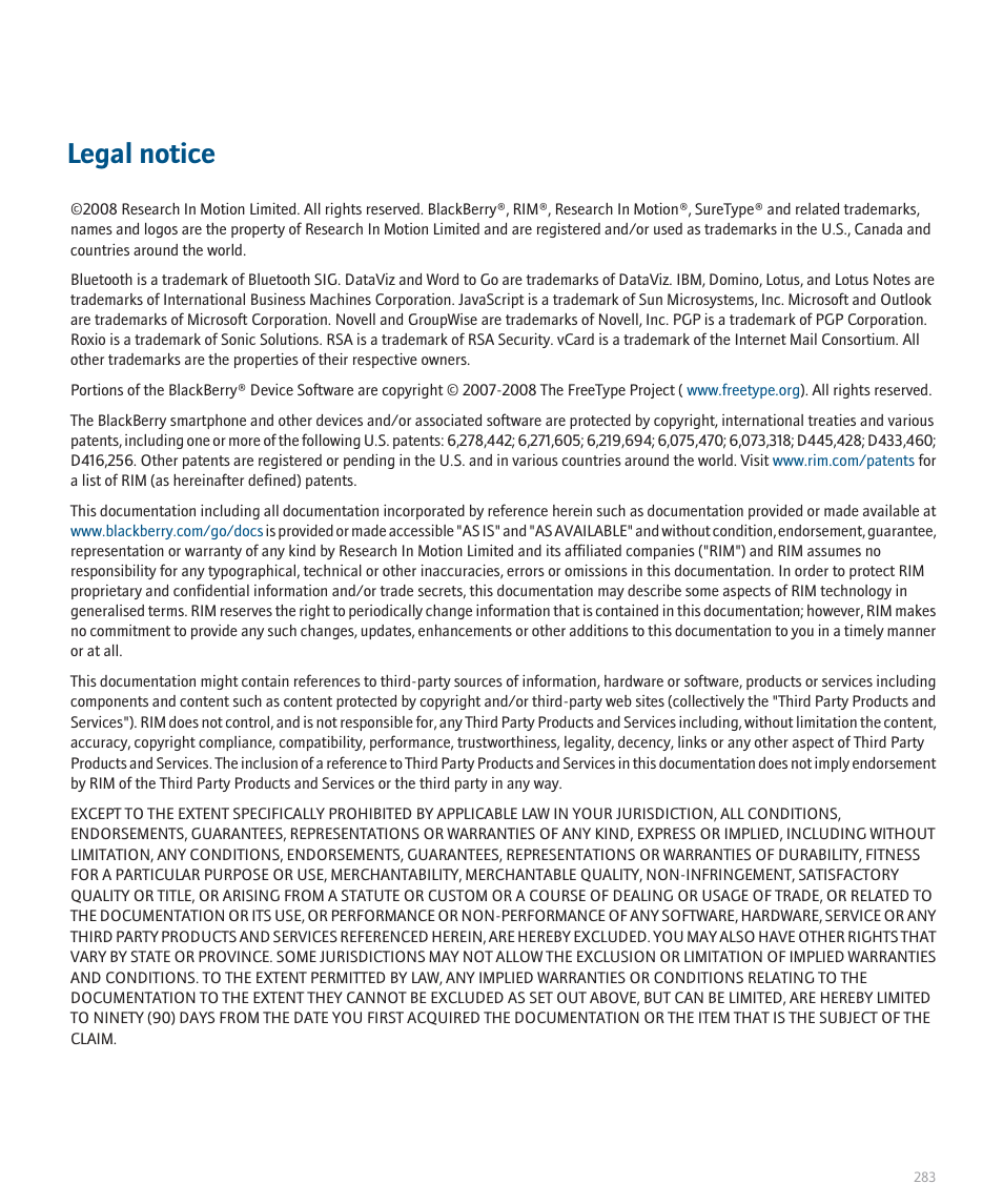Legal notice | Blackberry Pearl 8110 User Manual | Page 285 / 287