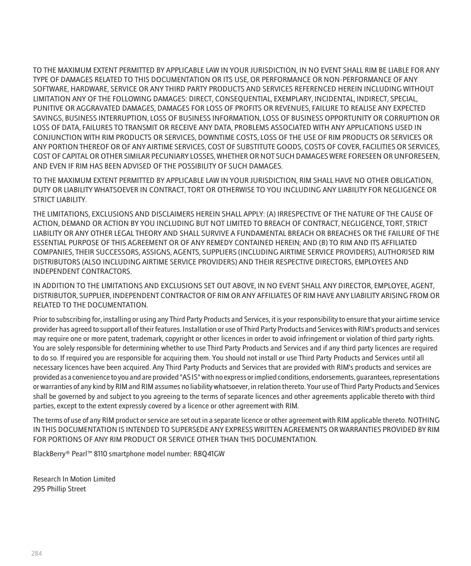Blackberry Pearl 8110 User Manual | Page 286 / 287