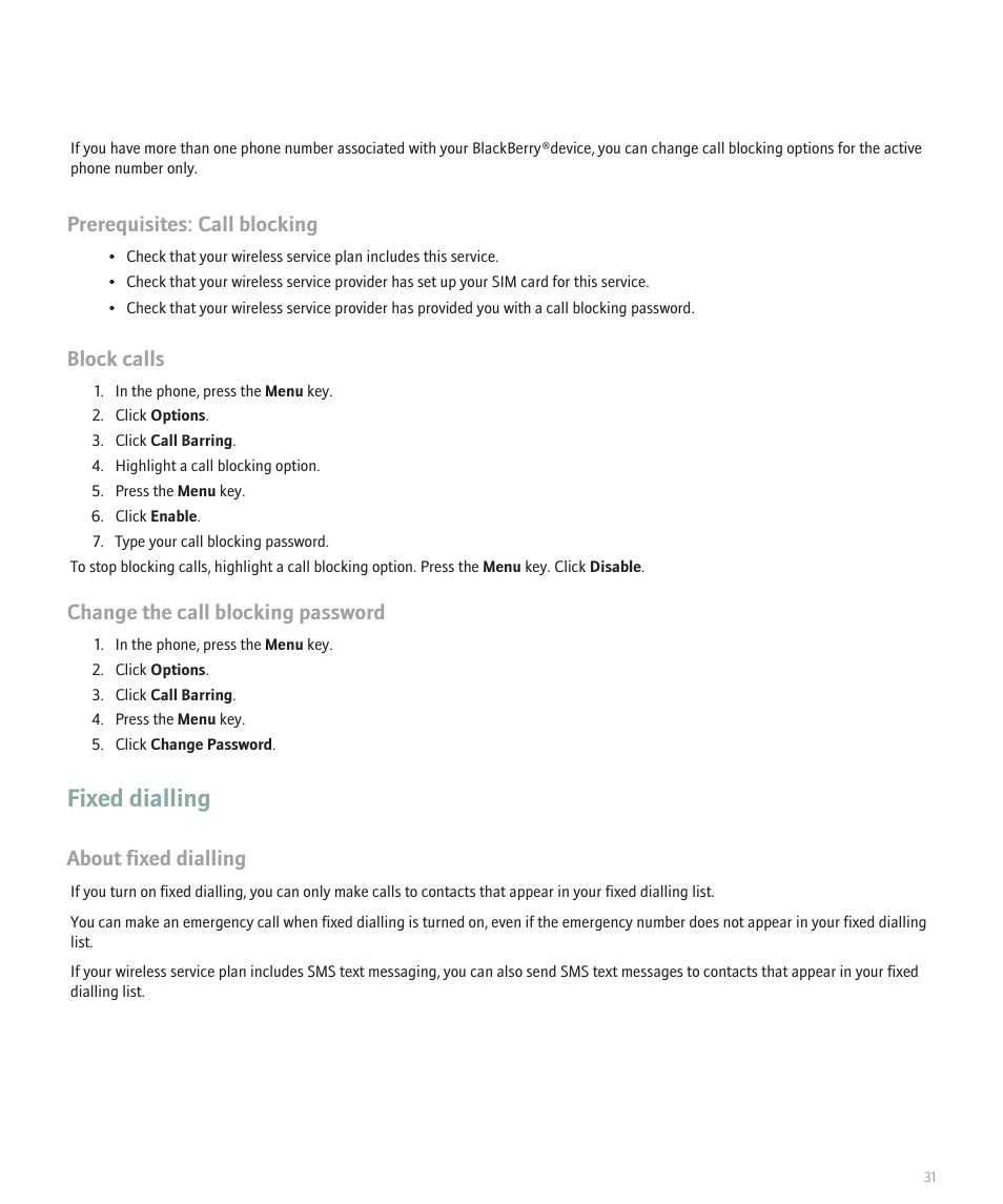 Fixed dialling, Prerequisites: call blocking, Block calls | Change the call blocking password, About fixed dialling | Blackberry Pearl 8110 User Manual | Page 33 / 287