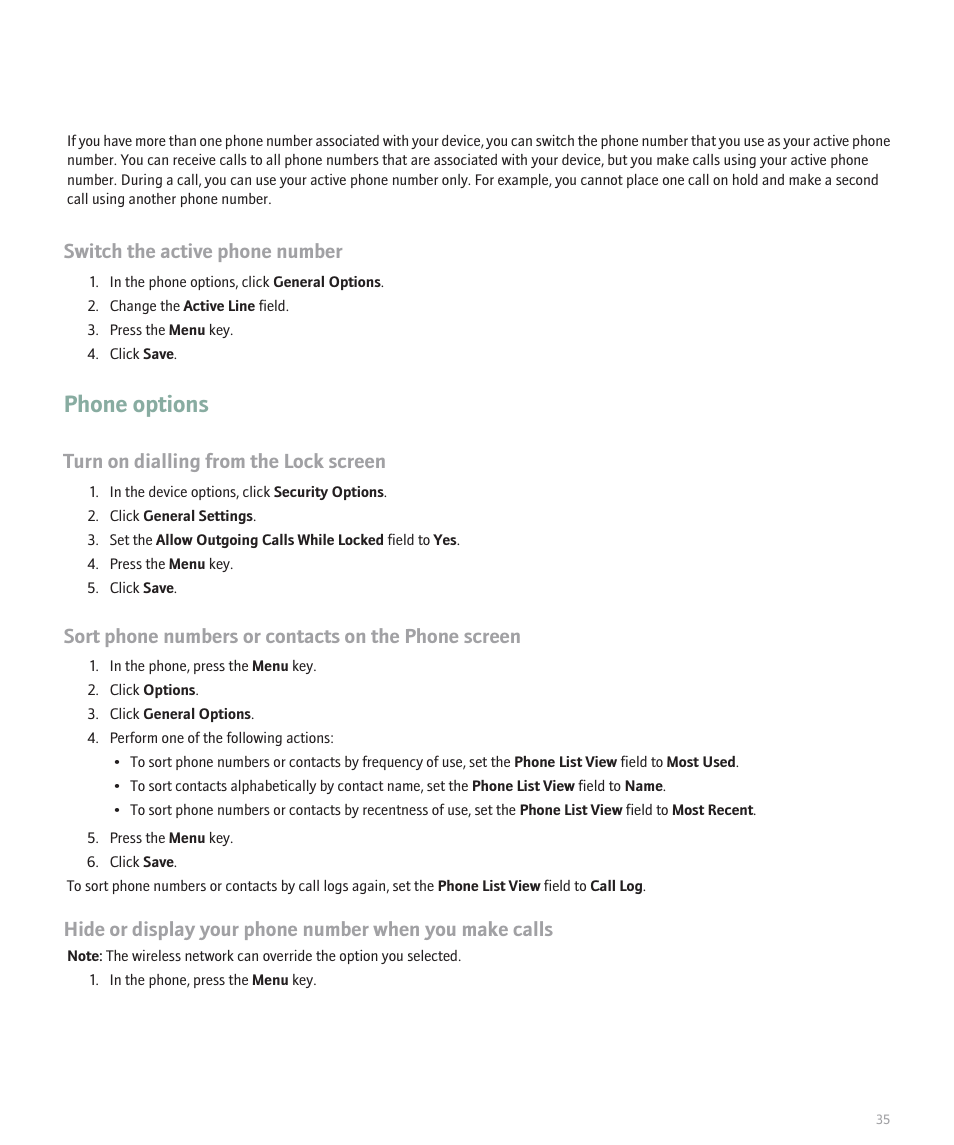 Phone options, Switch the active phone number, Turn on dialling from the lock screen | Sort phone numbers or contacts on the phone screen | Blackberry Pearl 8110 User Manual | Page 37 / 287