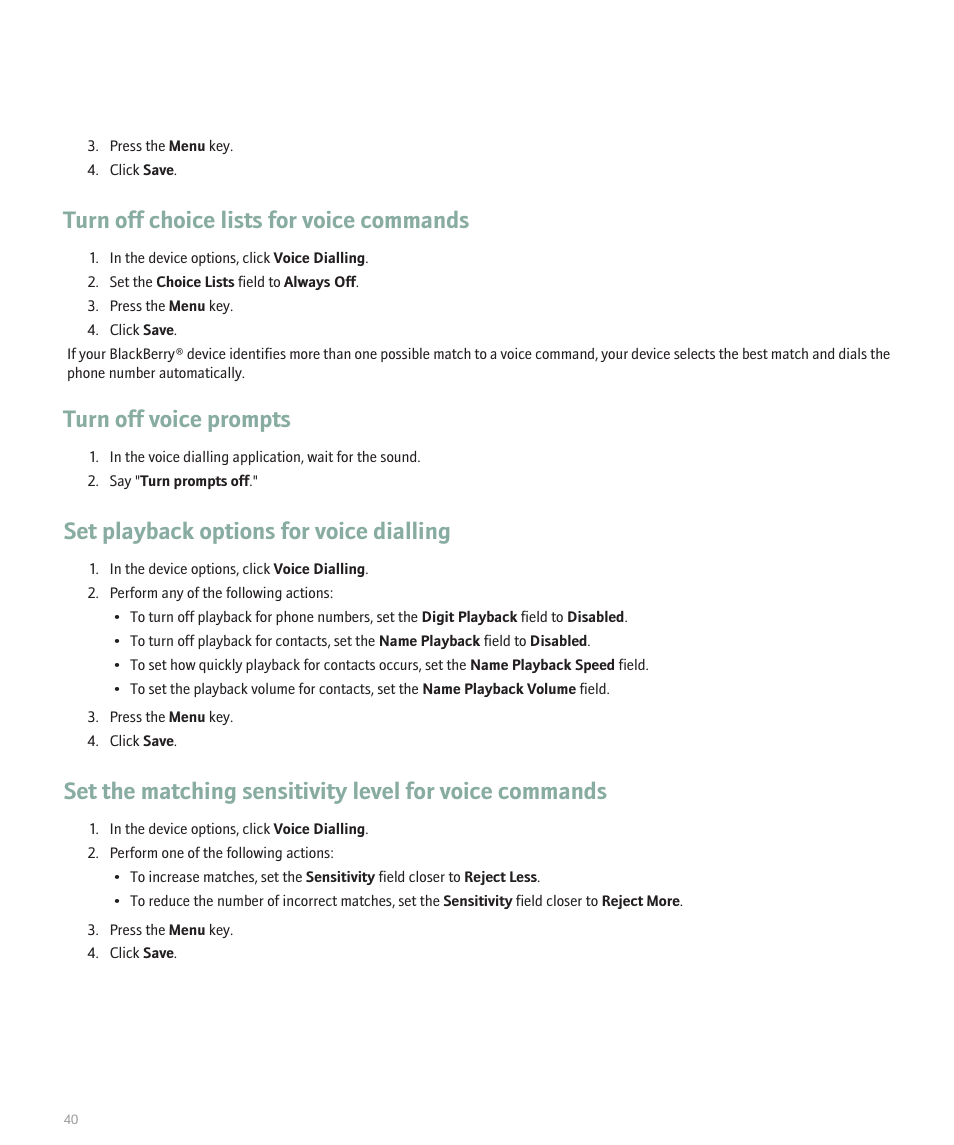 Turn off choice lists for voice commands, Turn off voice prompts, Set playback options for voice dialling | Blackberry Pearl 8110 User Manual | Page 42 / 287
