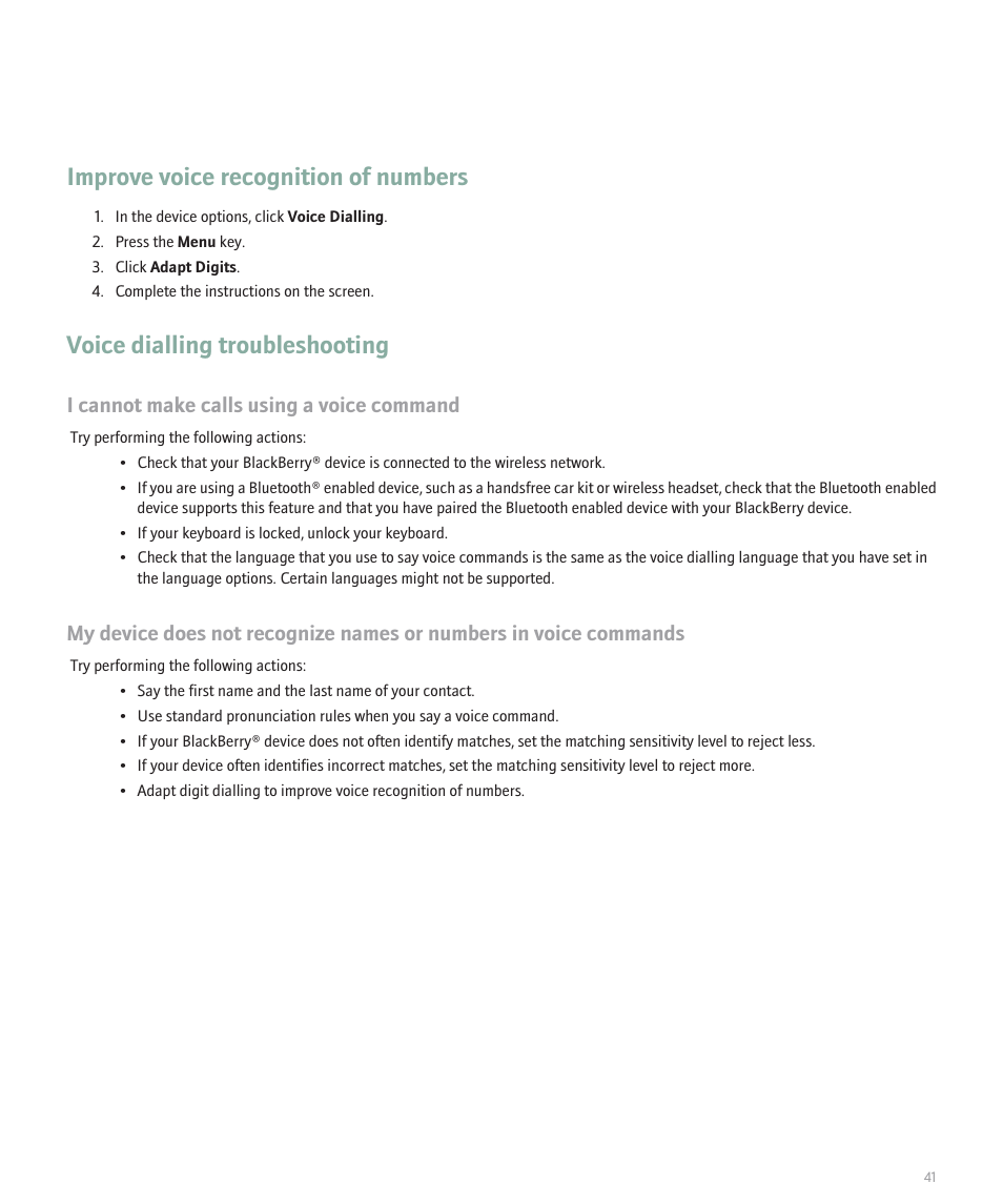 Improve voice recognition of numbers, Voice dialling troubleshooting, I cannot make calls using a voice command | Blackberry Pearl 8110 User Manual | Page 43 / 287