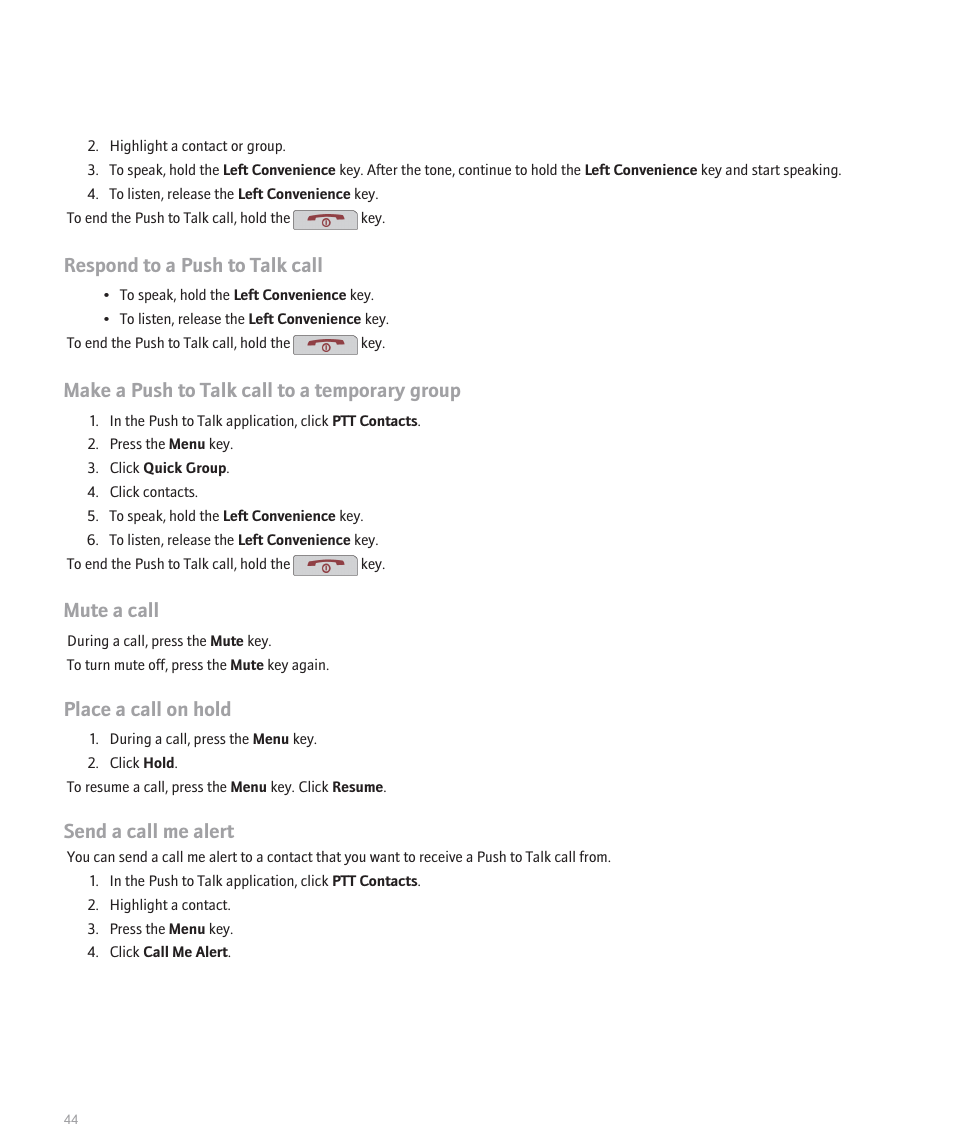 Respond to a push to talk call, Make a push to talk call to a temporary group, Mute a call | Place a call on hold, Send a call me alert | Blackberry Pearl 8110 User Manual | Page 46 / 287