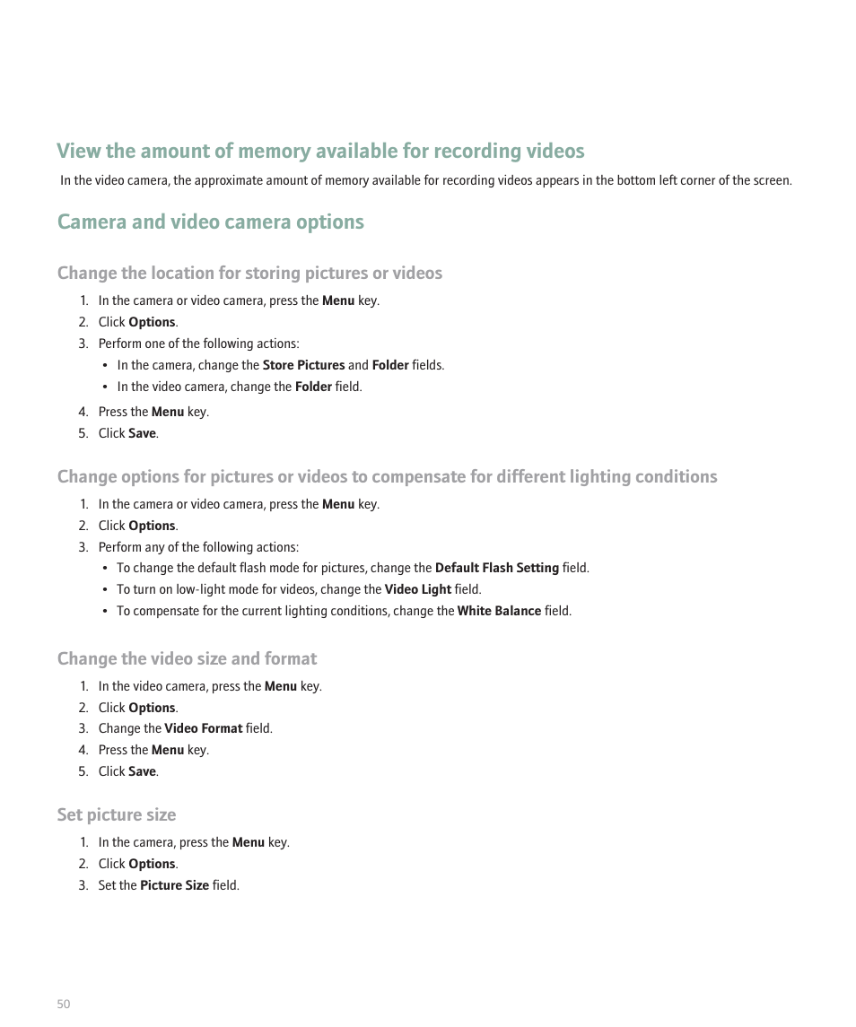 Camera and video camera options, Change the location for storing pictures or videos, Change the video size and format | Set picture size | Blackberry Pearl 8110 User Manual | Page 52 / 287