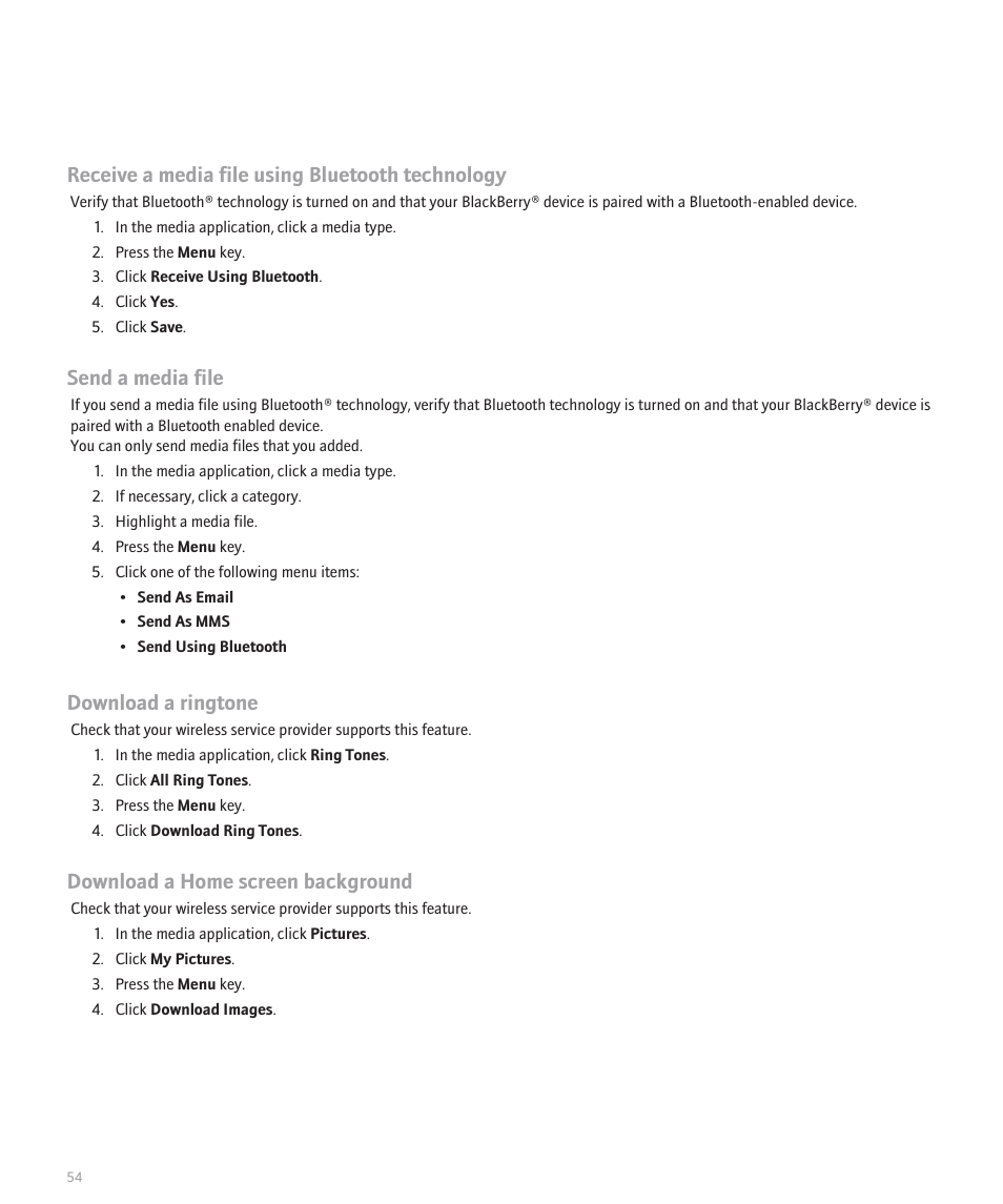 Receive a media file using bluetooth technology, Send a media file, Download a ringtone | Download a home screen background | Blackberry Pearl 8110 User Manual | Page 56 / 287