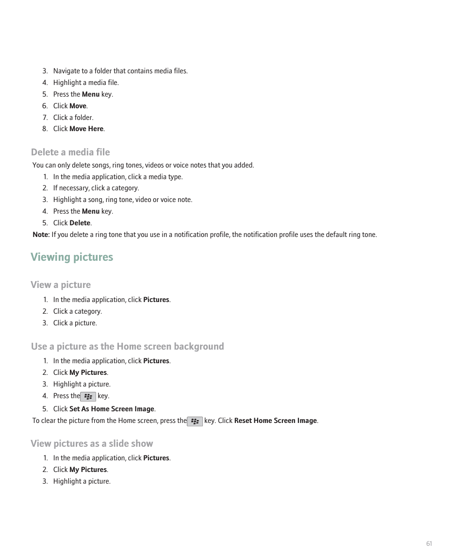 Viewing pictures, Delete a media file, View a picture | Use a picture as the home screen background, View pictures as a slide show | Blackberry Pearl 8110 User Manual | Page 63 / 287