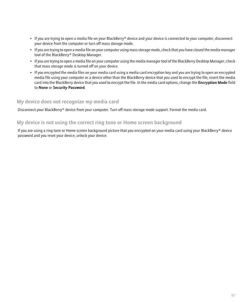 My device does not recognize my media card | Blackberry Pearl 8110 User Manual | Page 69 / 287