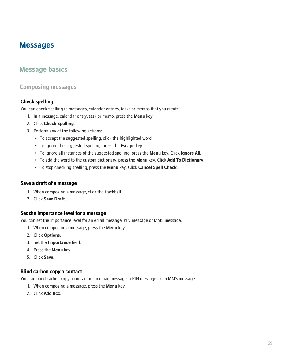 Messages, Message basics, Composing messages | Blackberry Pearl 8110 User Manual | Page 71 / 287