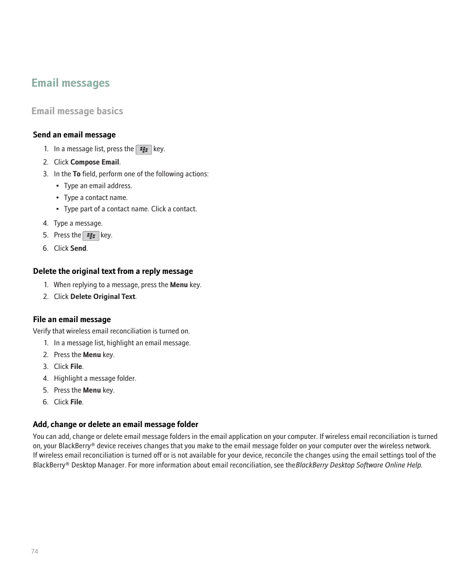 Email messages, Email message basics | Blackberry Pearl 8110 User Manual | Page 76 / 287