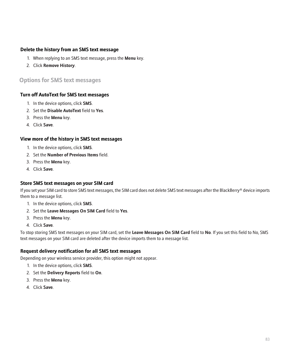 Store sms text messages on your sim card, Options for sms text messages | Blackberry Pearl 8110 User Manual | Page 85 / 287
