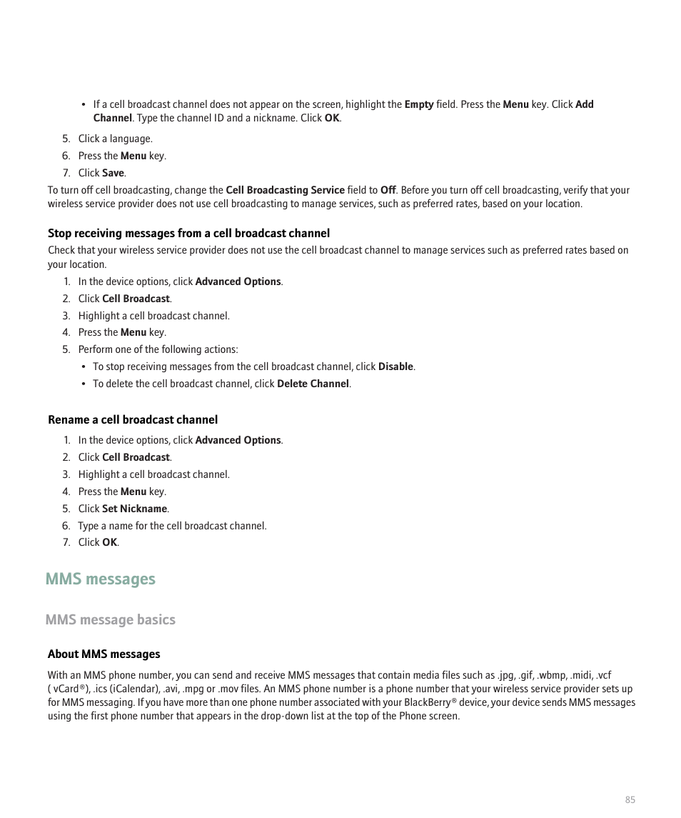 Mms messages, Mms message basics | Blackberry Pearl 8110 User Manual | Page 87 / 287