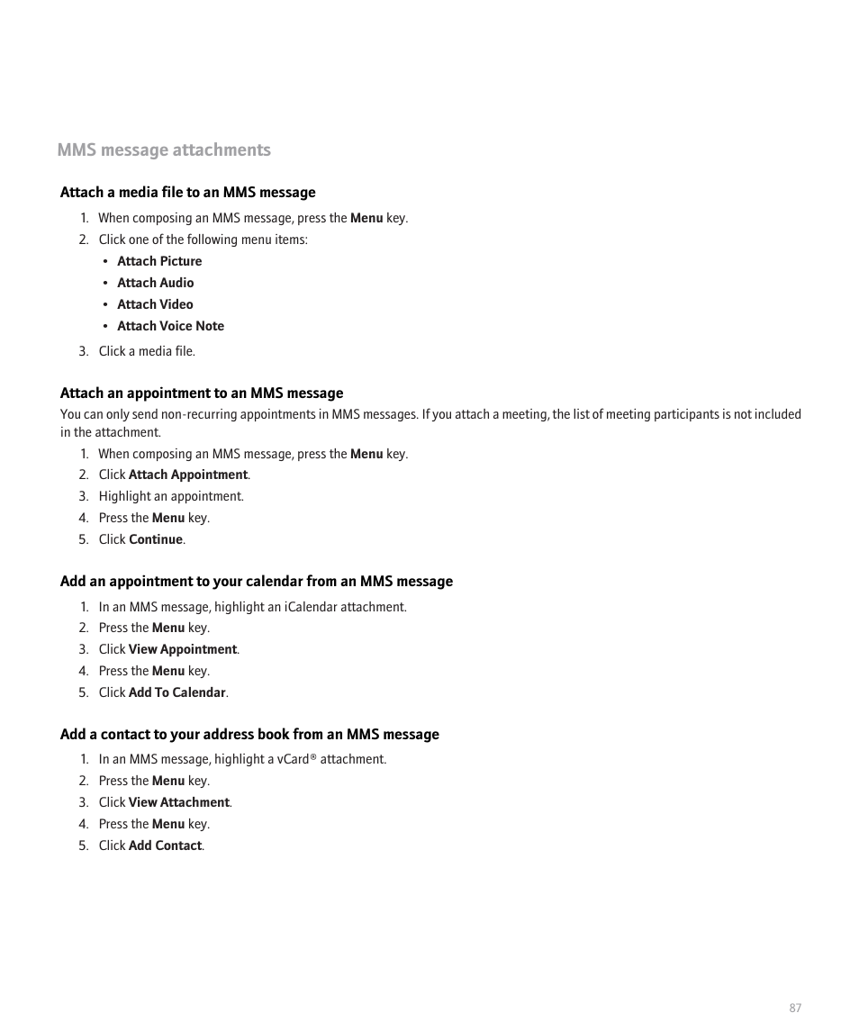 Mms message attachments | Blackberry Pearl 8110 User Manual | Page 89 / 287