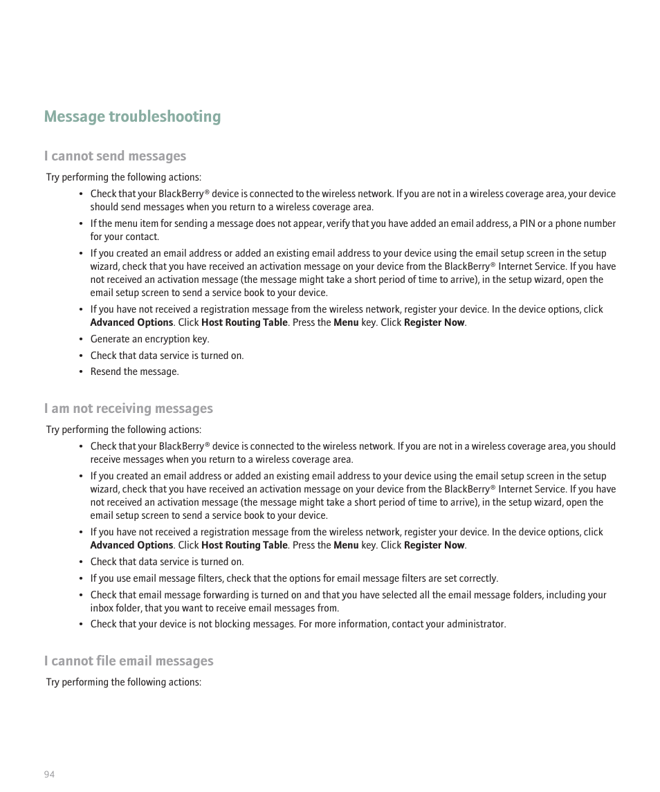 Message troubleshooting, I cannot send messages, I am not receiving messages | I cannot file email messages | Blackberry Pearl 8110 User Manual | Page 96 / 287