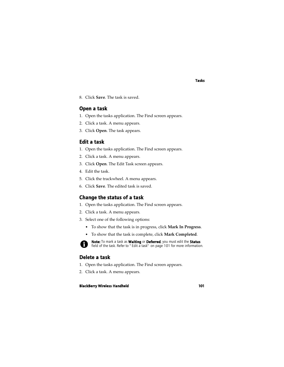 Open a task, Edit a task, Change the status of a task | Delete a task | Blackberry 7780 User Manual | Page 101 / 154