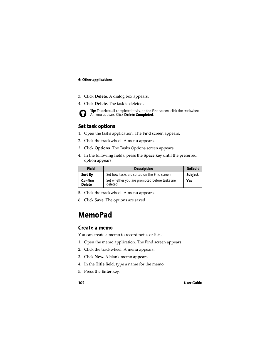 Memopad, Set task options | Blackberry 7780 User Manual | Page 102 / 154
