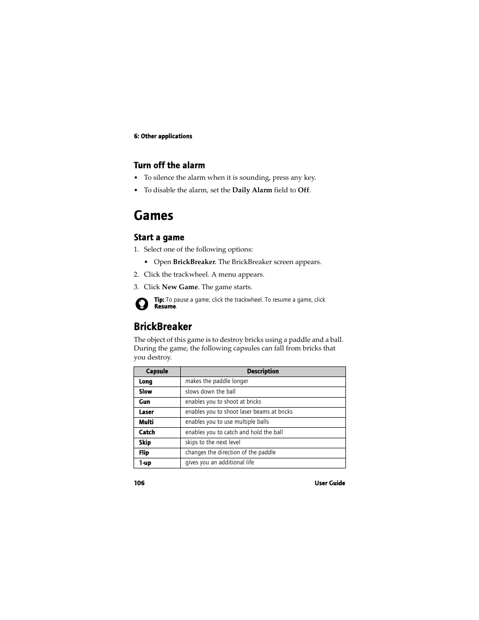 Games, Brickbreaker, Turn off the alarm | Start a game | Blackberry 7780 User Manual | Page 106 / 154