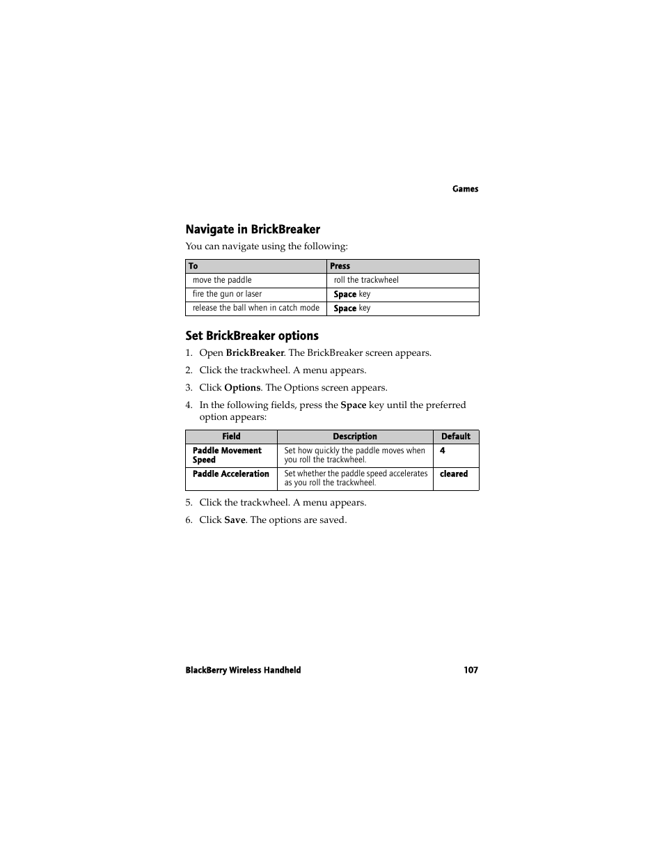 Navigate in brickbreaker, Set brickbreaker options | Blackberry 7780 User Manual | Page 107 / 154