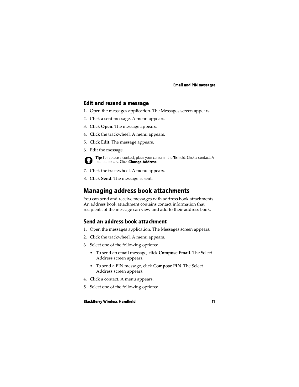 Managing address book attachments, Edit and resend a message, Send an address book attachment | Blackberry 7780 User Manual | Page 11 / 154