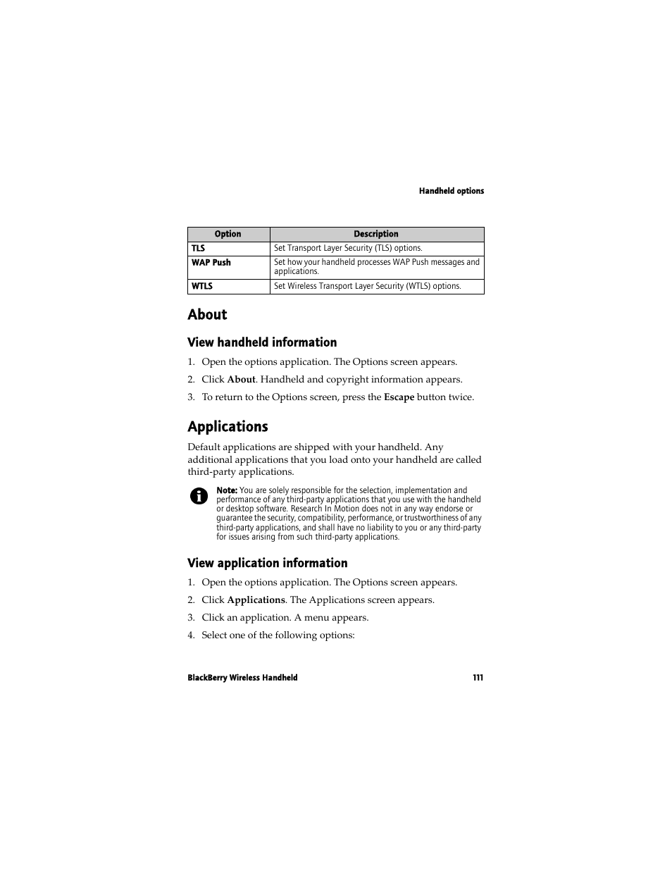 About, Applications, View handheld information | View application information | Blackberry 7780 User Manual | Page 111 / 154