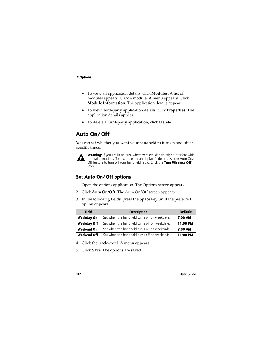 Auto on/off, 112 for more information, Set auto on/off options | Blackberry 7780 User Manual | Page 112 / 154