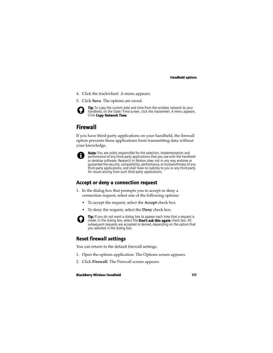 Firewall, Accept or deny a connection request, Reset firewall settings | Blackberry 7780 User Manual | Page 117 / 154