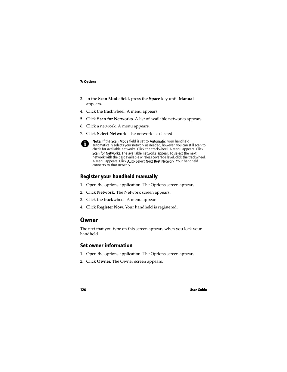 Owner, Register your handheld manually, Set owner information | Blackberry 7780 User Manual | Page 120 / 154