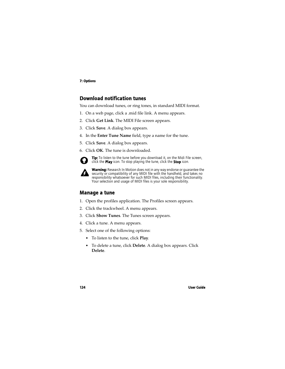 Download notification tunes, Manage a tune | Blackberry 7780 User Manual | Page 124 / 154