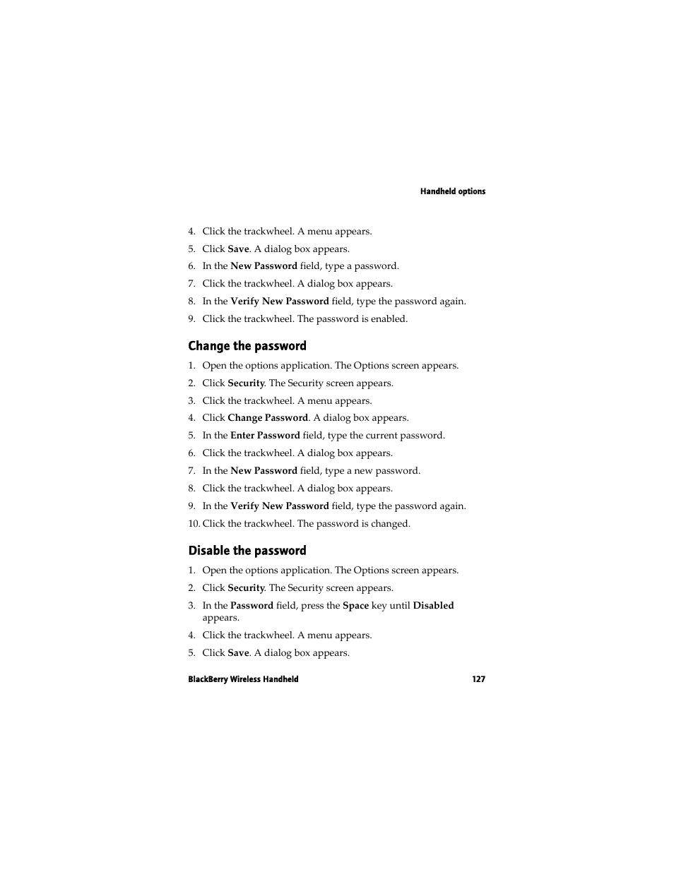 Change the password, Disable the password | Blackberry 7780 User Manual | Page 127 / 154