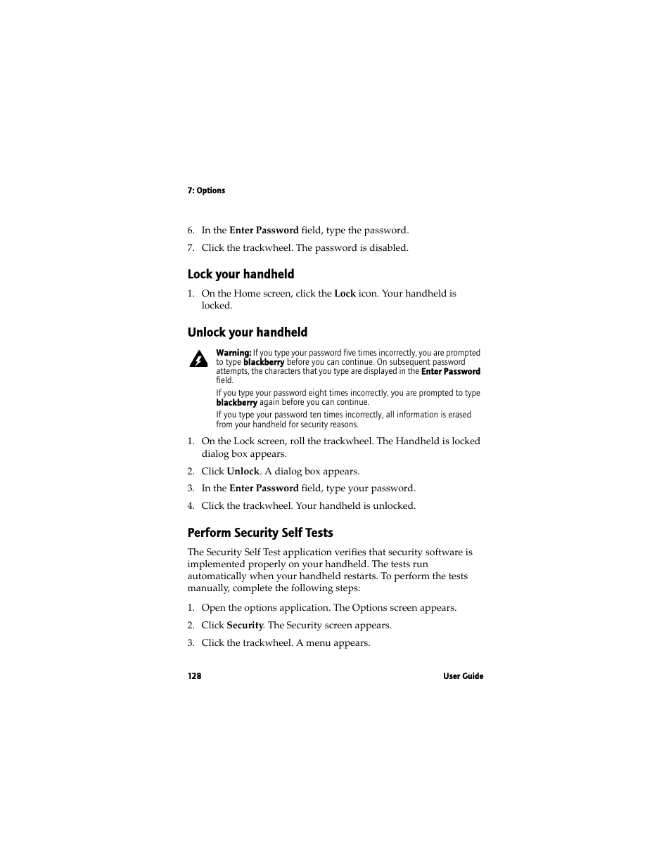 Lock your handheld, Unlock your handheld, Perform security self tests | Blackberry 7780 User Manual | Page 128 / 154