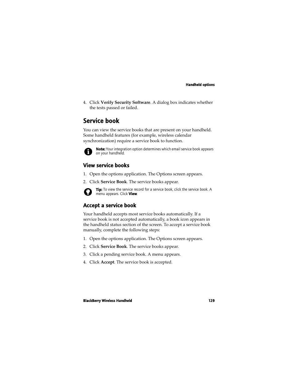 Service book, View service books, Accept a service book | Blackberry 7780 User Manual | Page 129 / 154