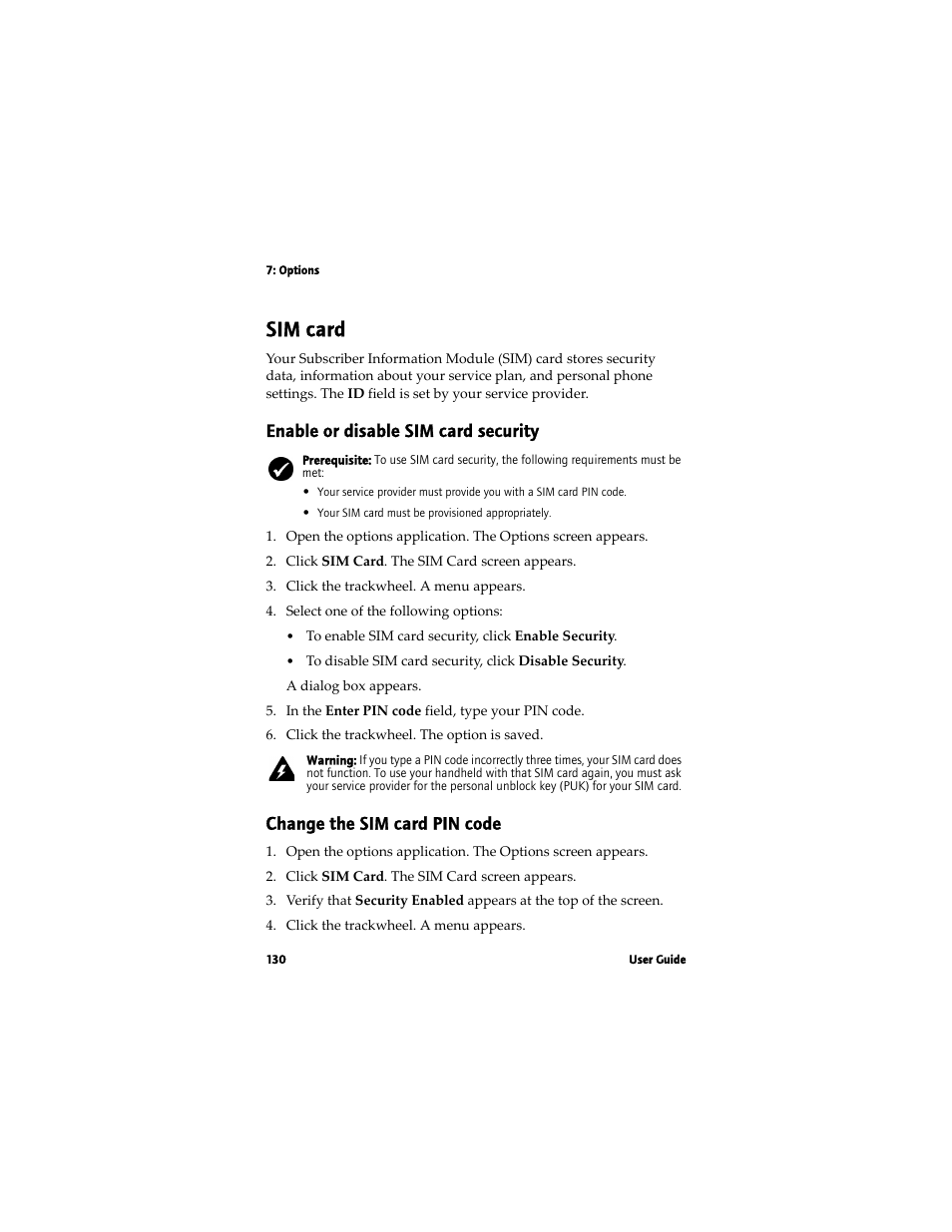 Sim card, Enable or disable sim card security, Change the sim card pin code | Blackberry 7780 User Manual | Page 130 / 154