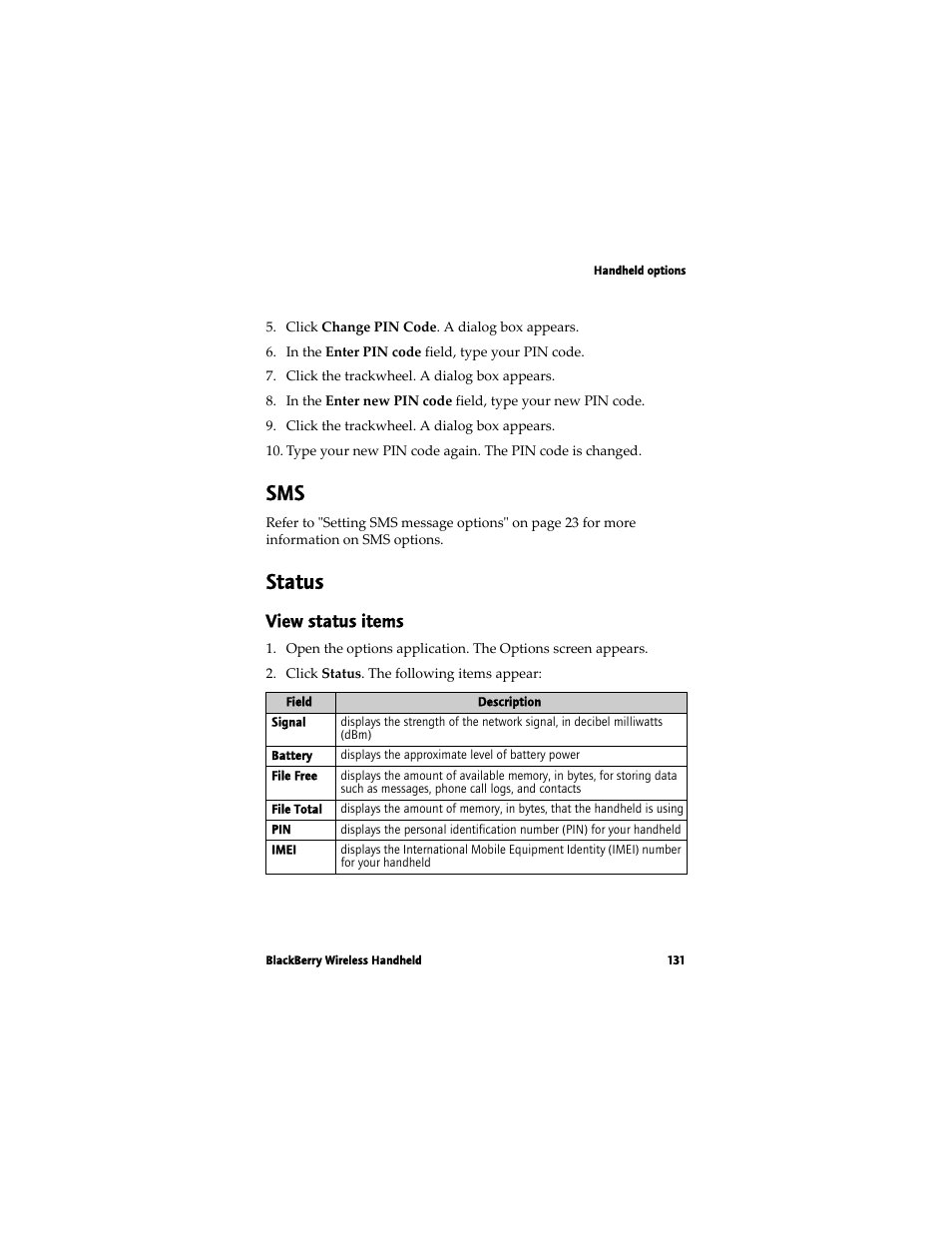 Status, View status items | Blackberry 7780 User Manual | Page 131 / 154
