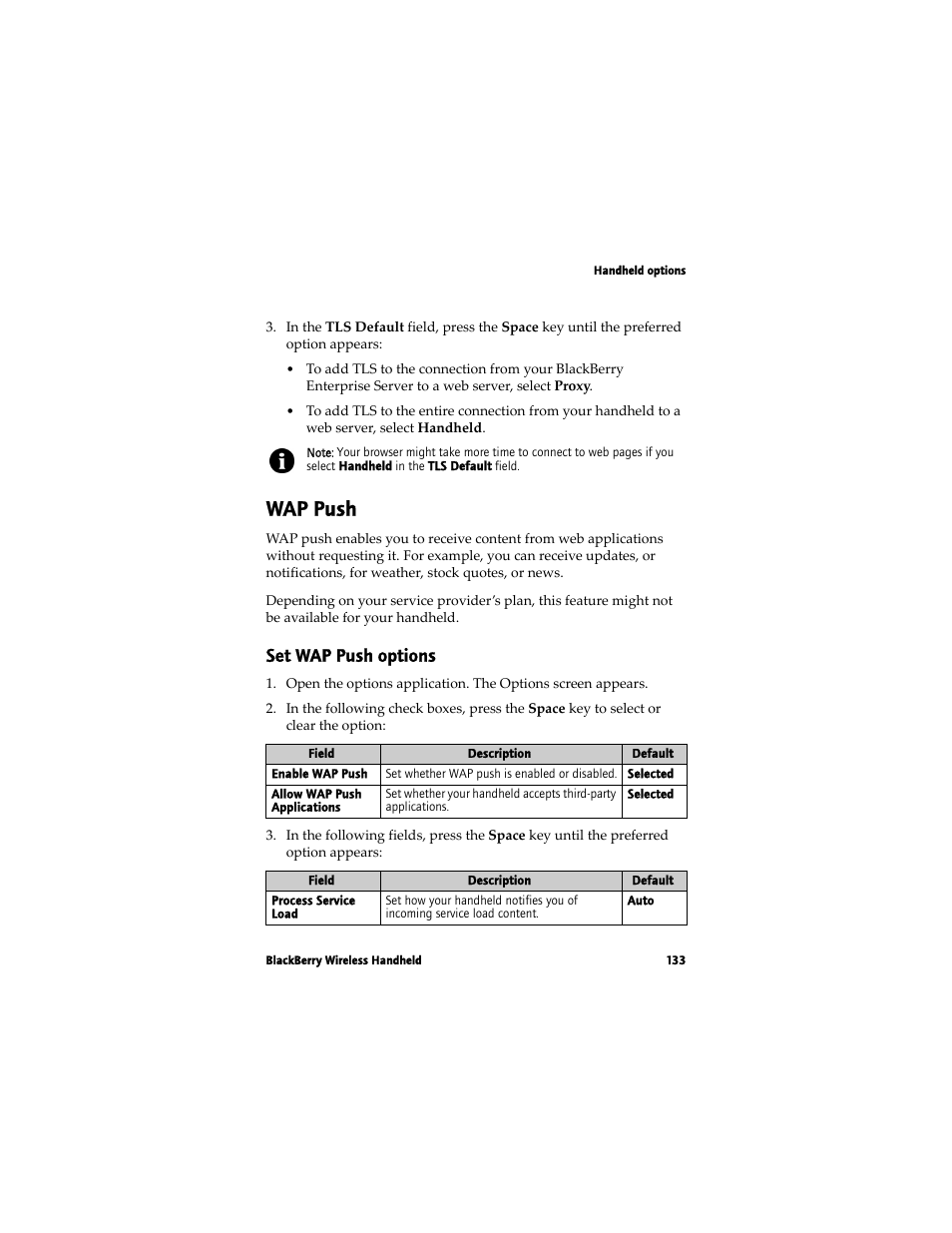 Wap push, Set wap push options | Blackberry 7780 User Manual | Page 133 / 154
