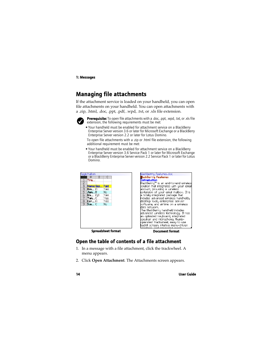 Managing file attachments, Open the table of contents of a file attachment | Blackberry 7780 User Manual | Page 14 / 154