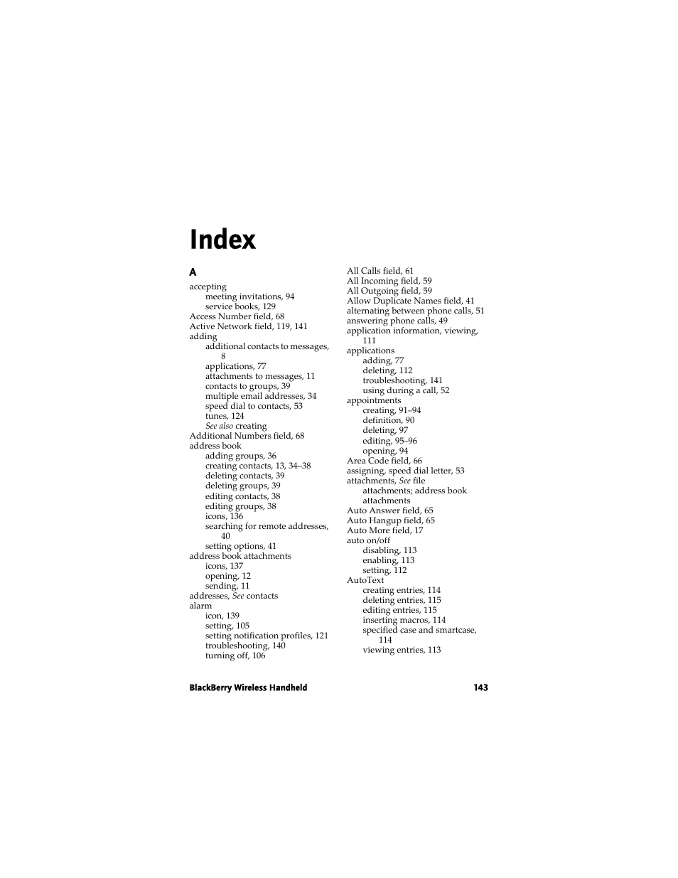 Index | Blackberry 7780 User Manual | Page 143 / 154