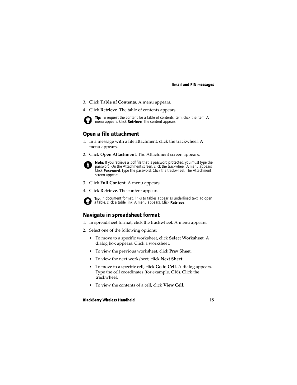 Open a file attachment, Navigate in spreadsheet format | Blackberry 7780 User Manual | Page 15 / 154