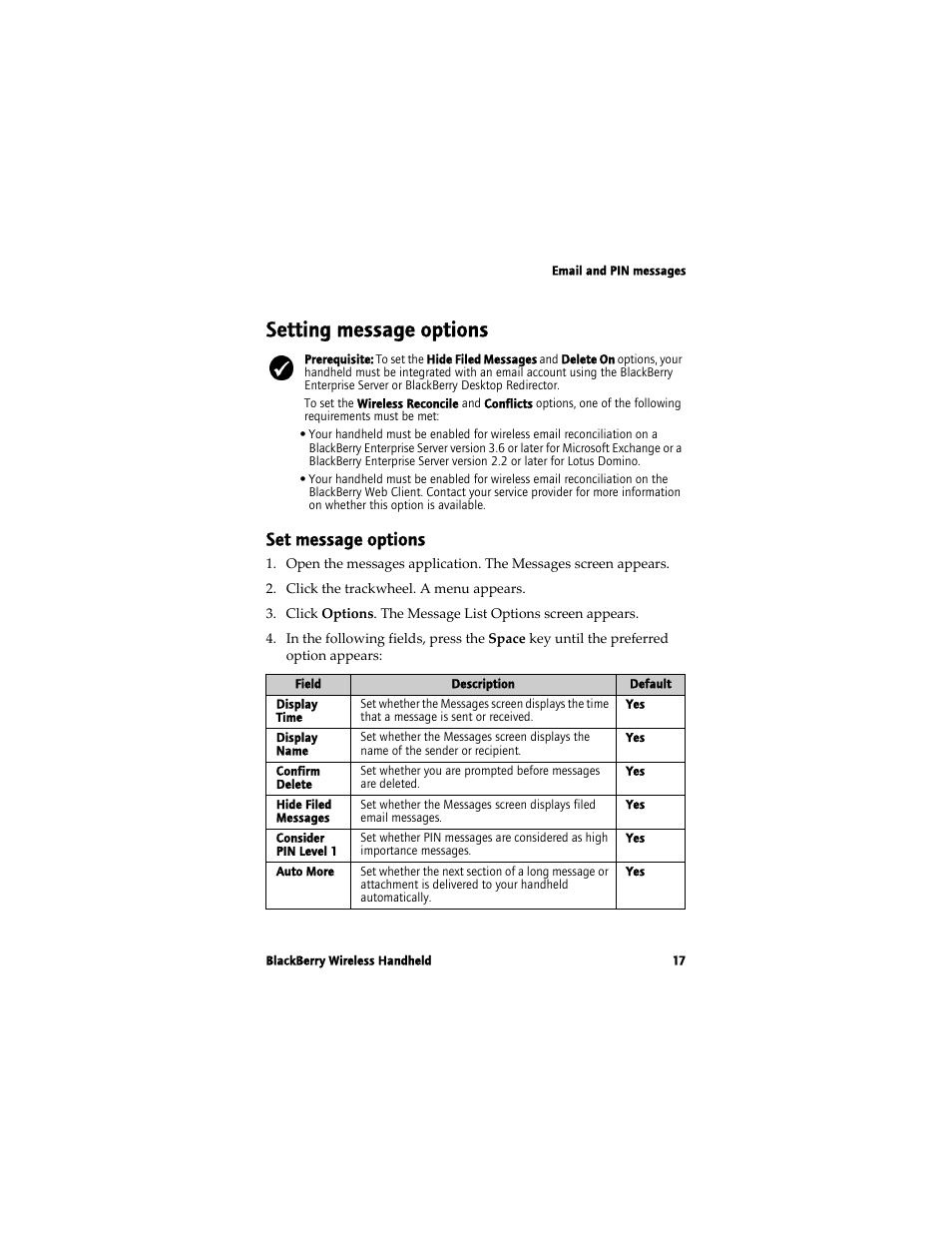 Setting message options, Set message options | Blackberry 7780 User Manual | Page 17 / 154